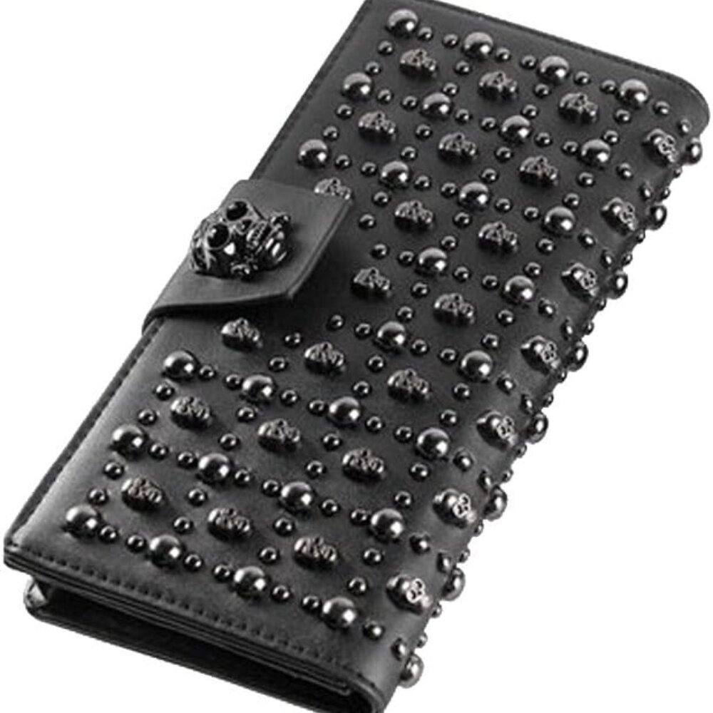 Women's Black Long Skull Studded Purses Genuine Leather Card Holder Wallet
